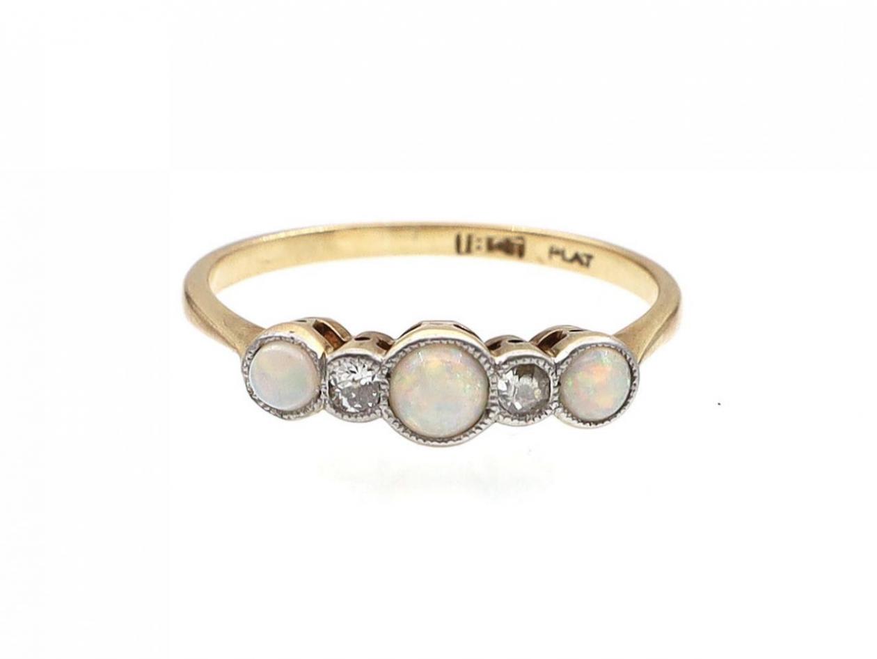 Edwardian opal and diamond five stone ring in platinum and 18kt yellow gold