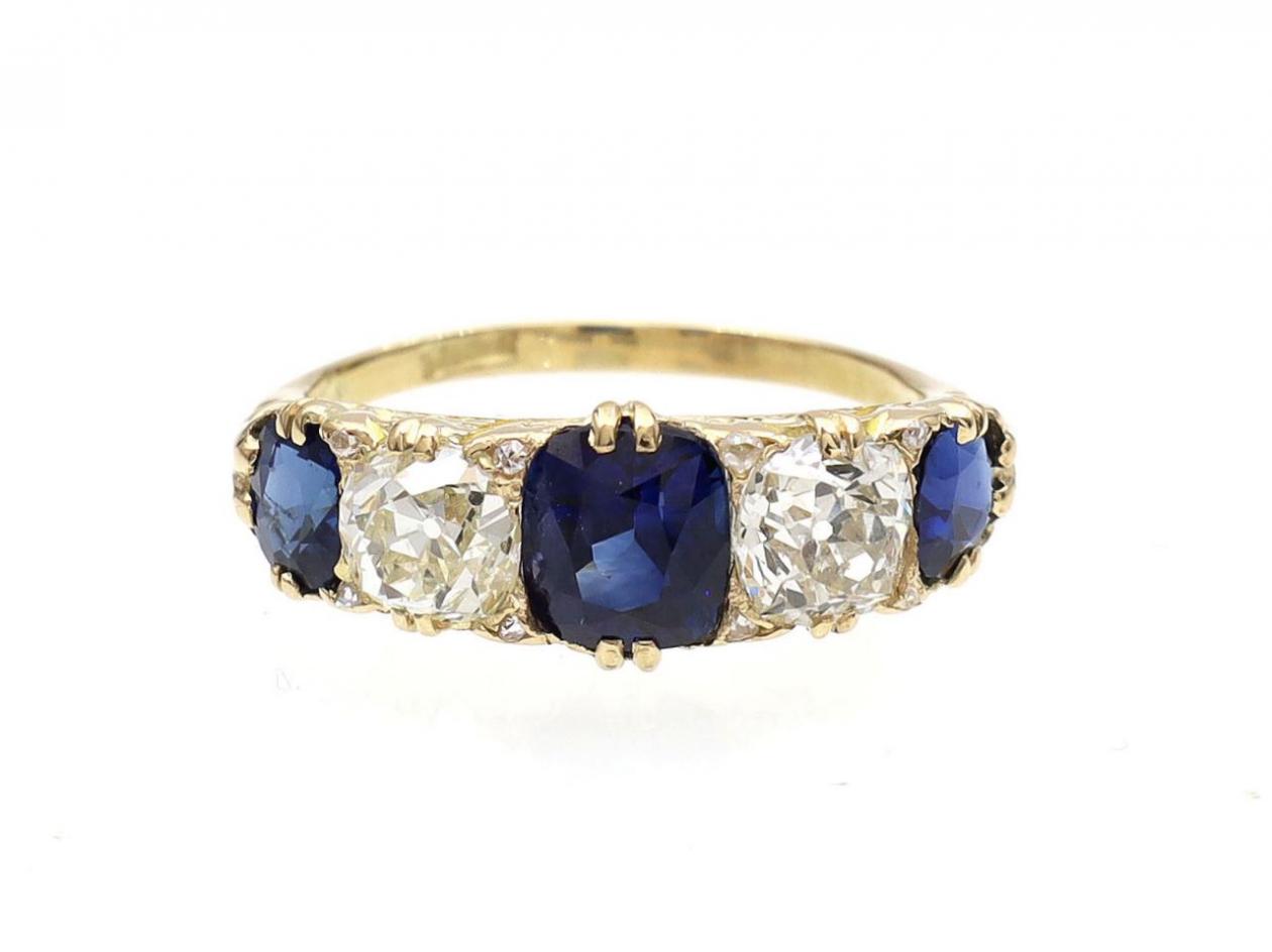 Victorian sapphire and diamond five stone carved ring
