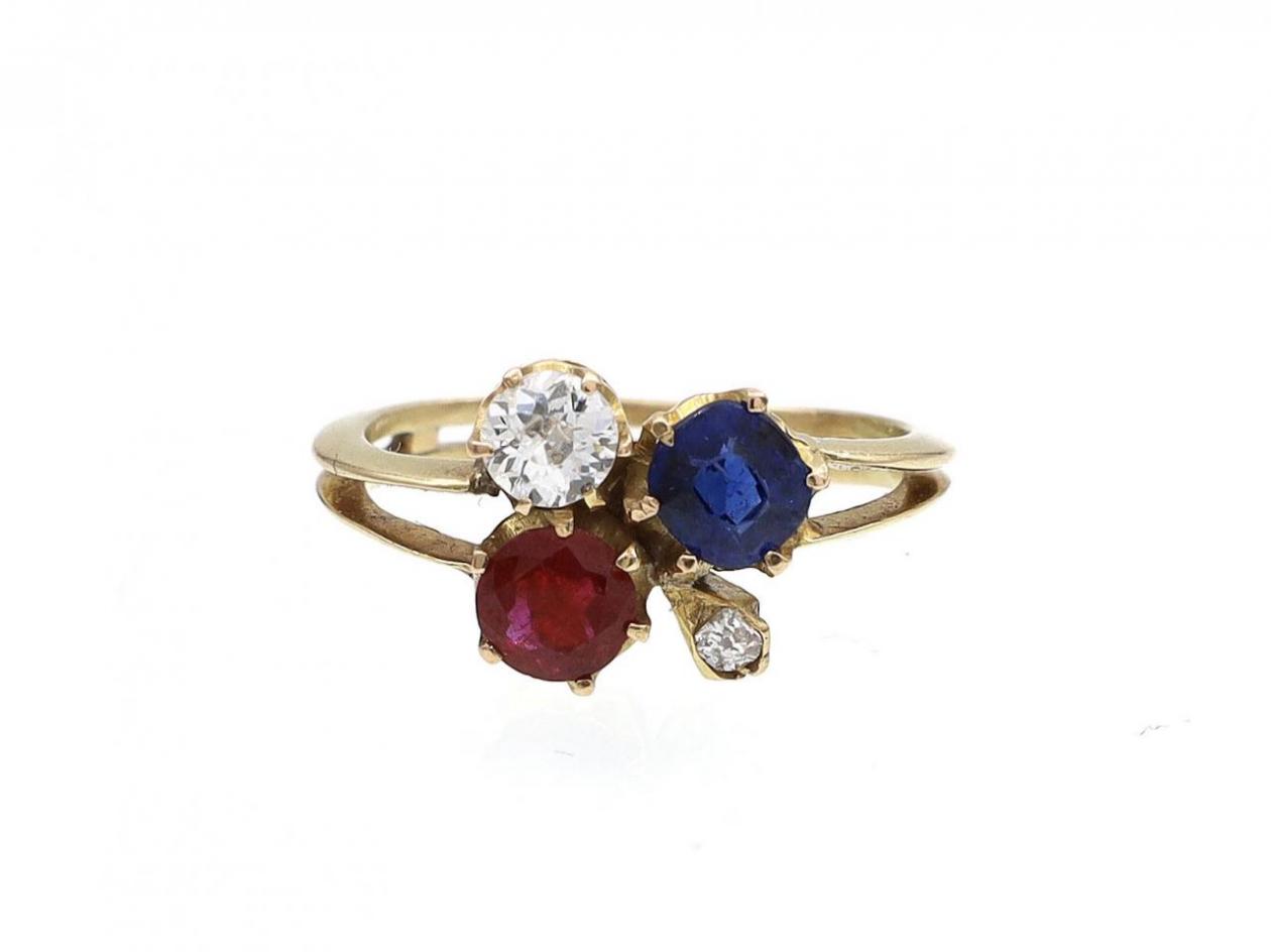 Antique trefoil diamond, ruby and sapphire cluster ring