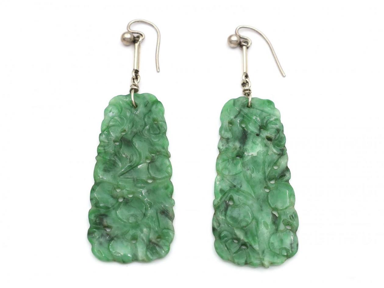 1920s carved jadeite drop earrings with silver fittings