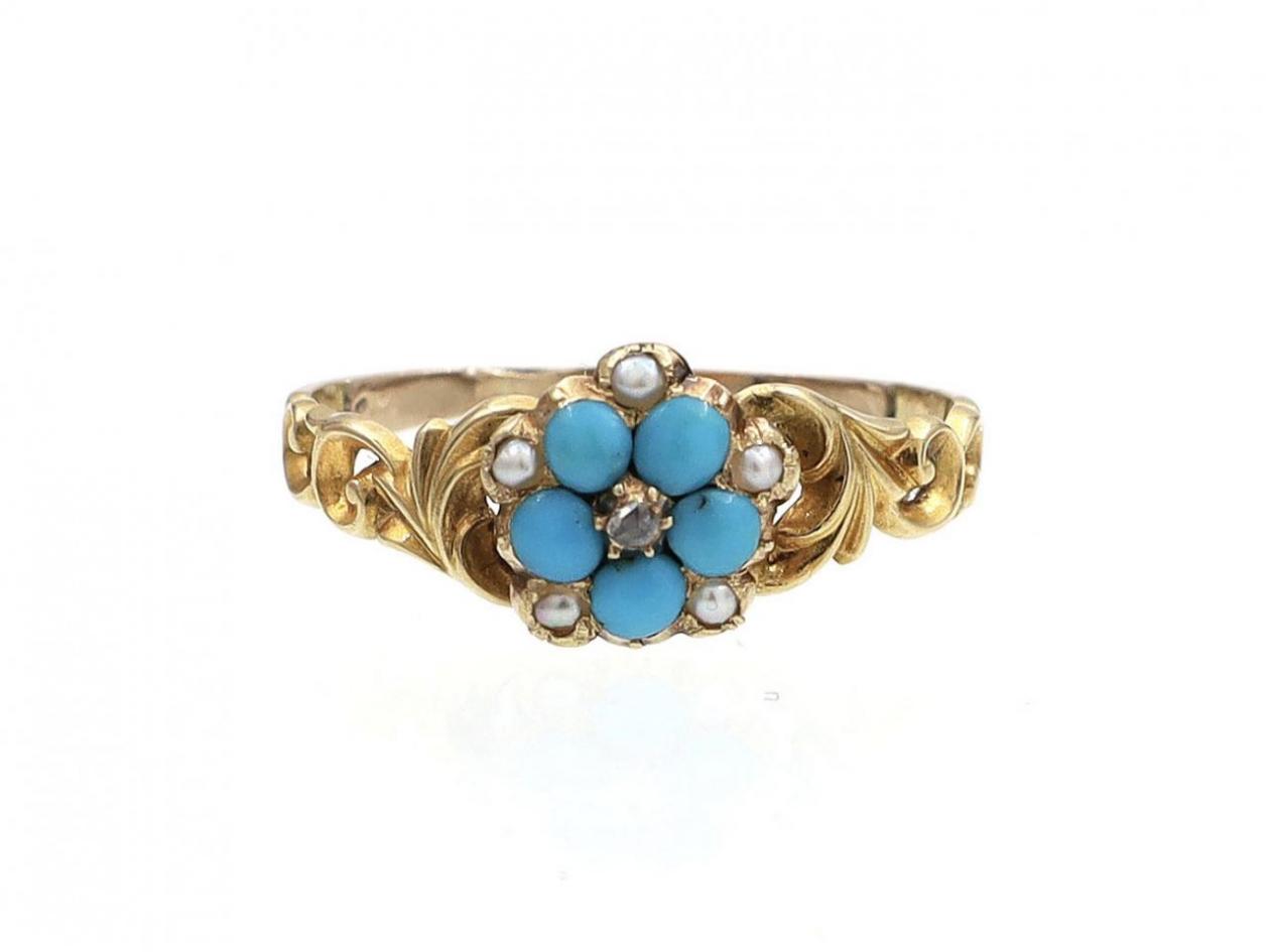 1870s diamond, turquoise and seed pearl floral cluster ring