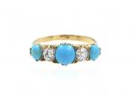 Victorian Turquoise & Diamond Five Stone Carved Ring
