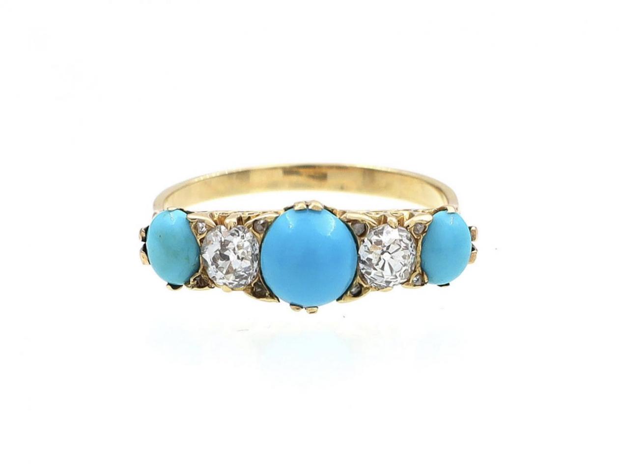 Victorian Turquoise & Diamond Five Stone Carved Ring