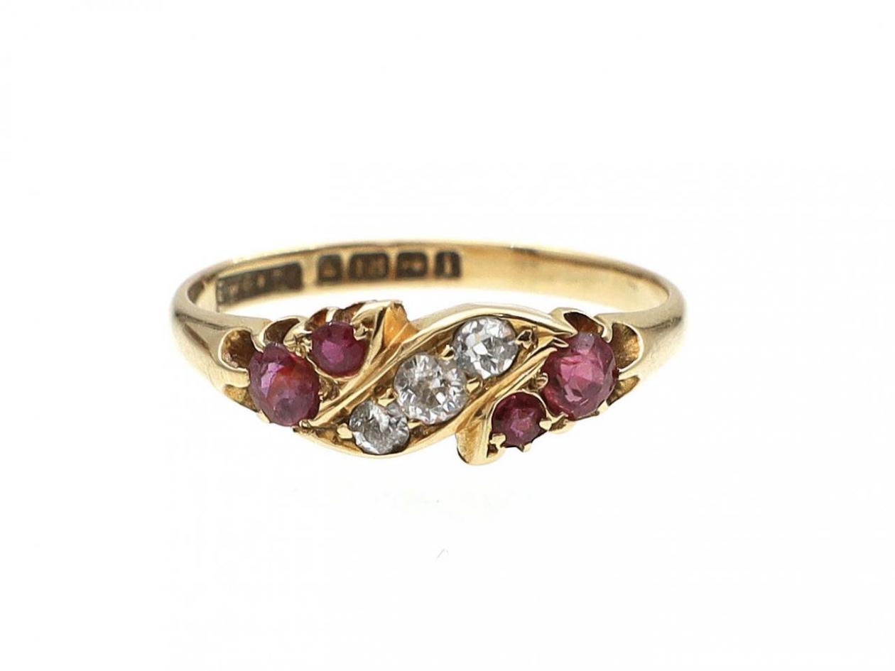1908 diamond and ruby cluster ring in 18kt yellow gold