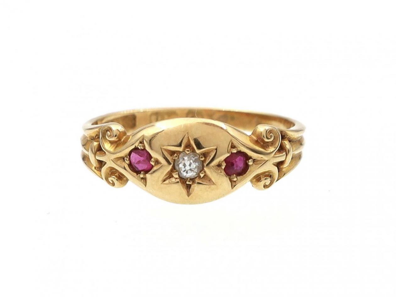 Victorian diamond and ruby three stone gypsy ring