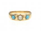 Victorian pearl and turquoise three stone gypsy ring in gold