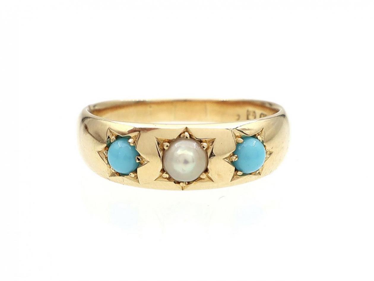 Victorian pearl and turquoise three stone gypsy ring in gold