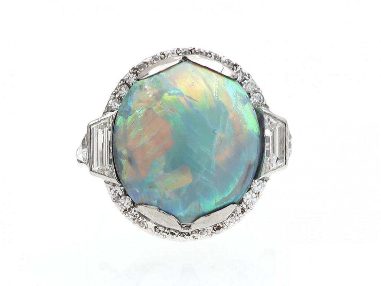 Art Deco precious harlequin opal and diamond ring
