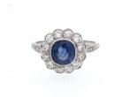 Vintage sapphire and diamond floral cluster ring in white gold
