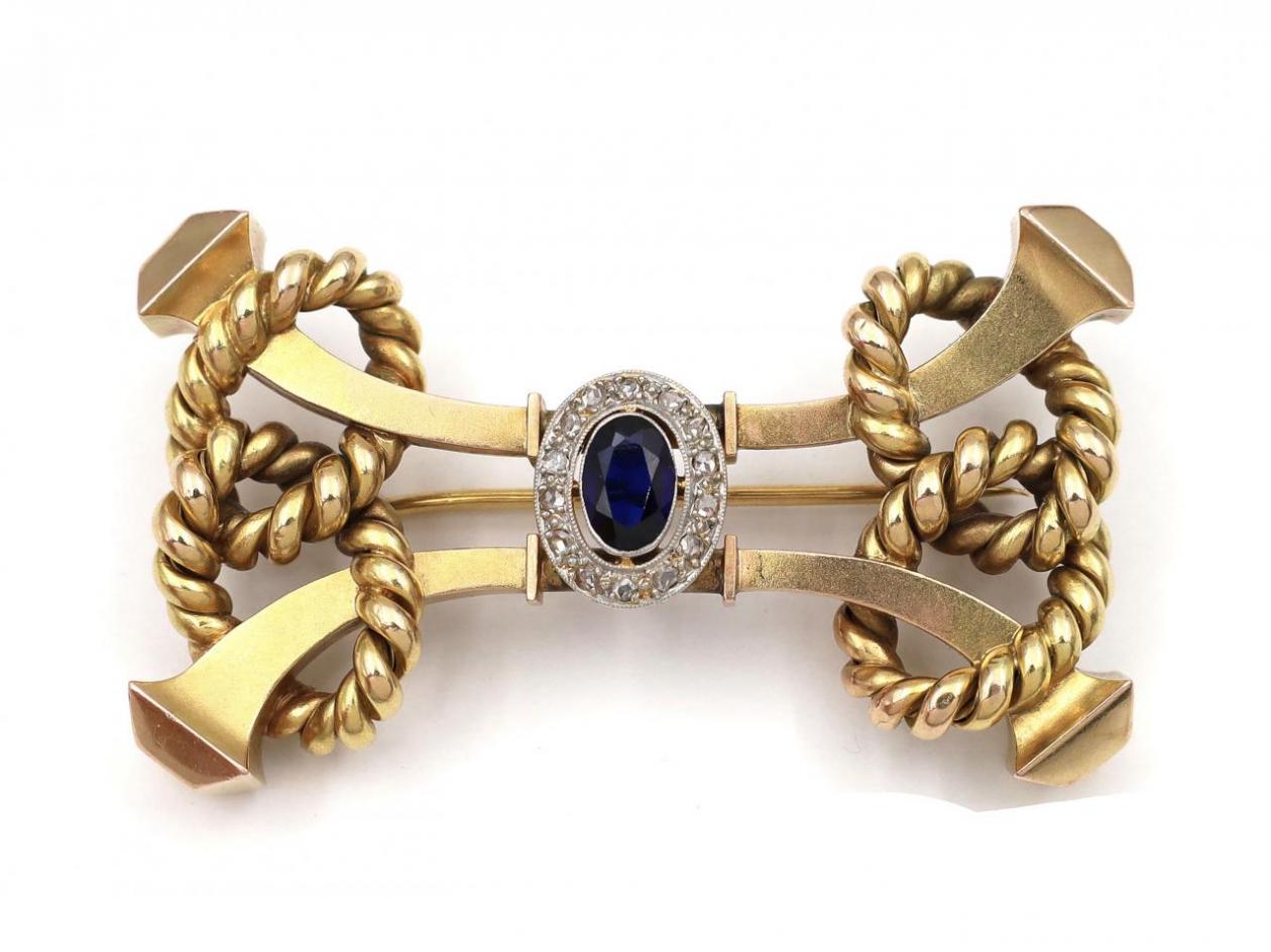 18kt yellow gold, sapphire and diamond retro rope brooch