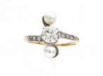 French Belle Epoque diamond and pearl vertical three stone ring