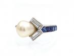 Art Deco pearl, diamond and sapphire asymmetric ring