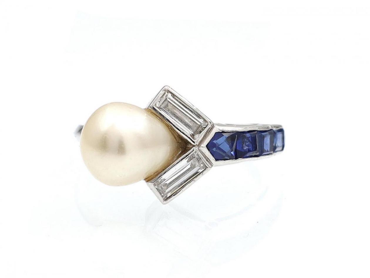Art Deco pearl, diamond and sapphire asymmetric ring