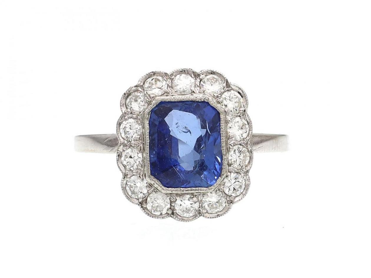 Art Deco Burmese Sapphire & Diamond Floral Cluster Ring in Platinum