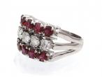 Vintage three row diamond and ruby cluster ring in white gold