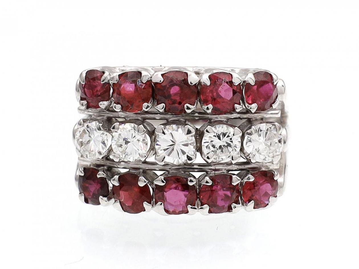 Vintage three row diamond and ruby cluster ring in white gold
