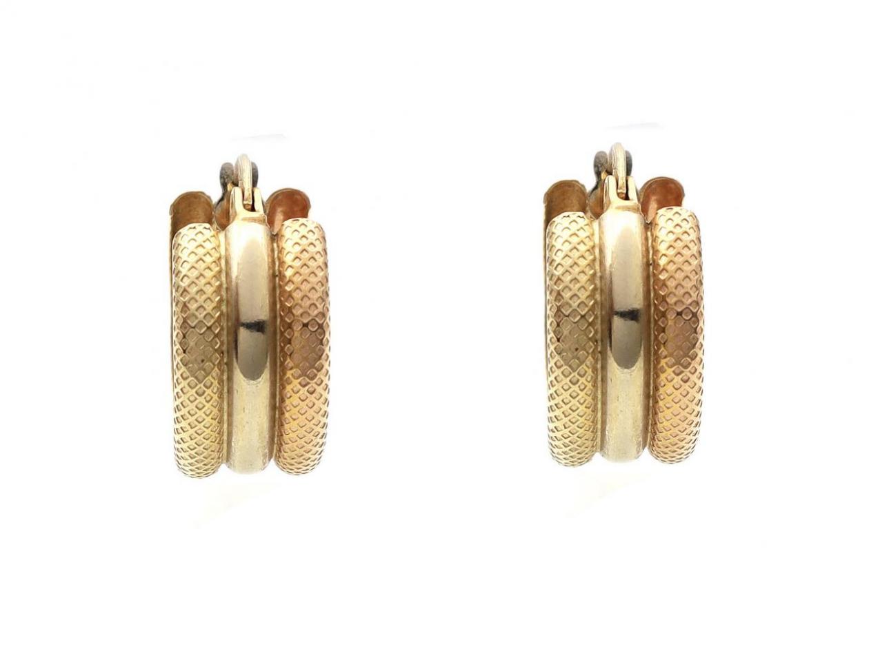 Vintage 18kt tri-gold hinged hoop earrings with ribbed details
