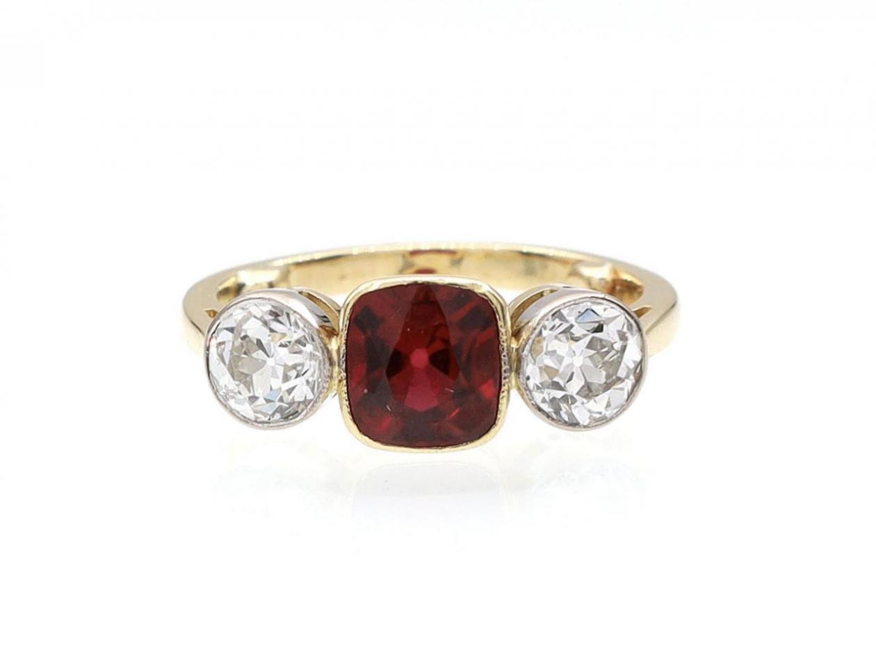 Retro ruby and diamond three stone ring in platinum and gold