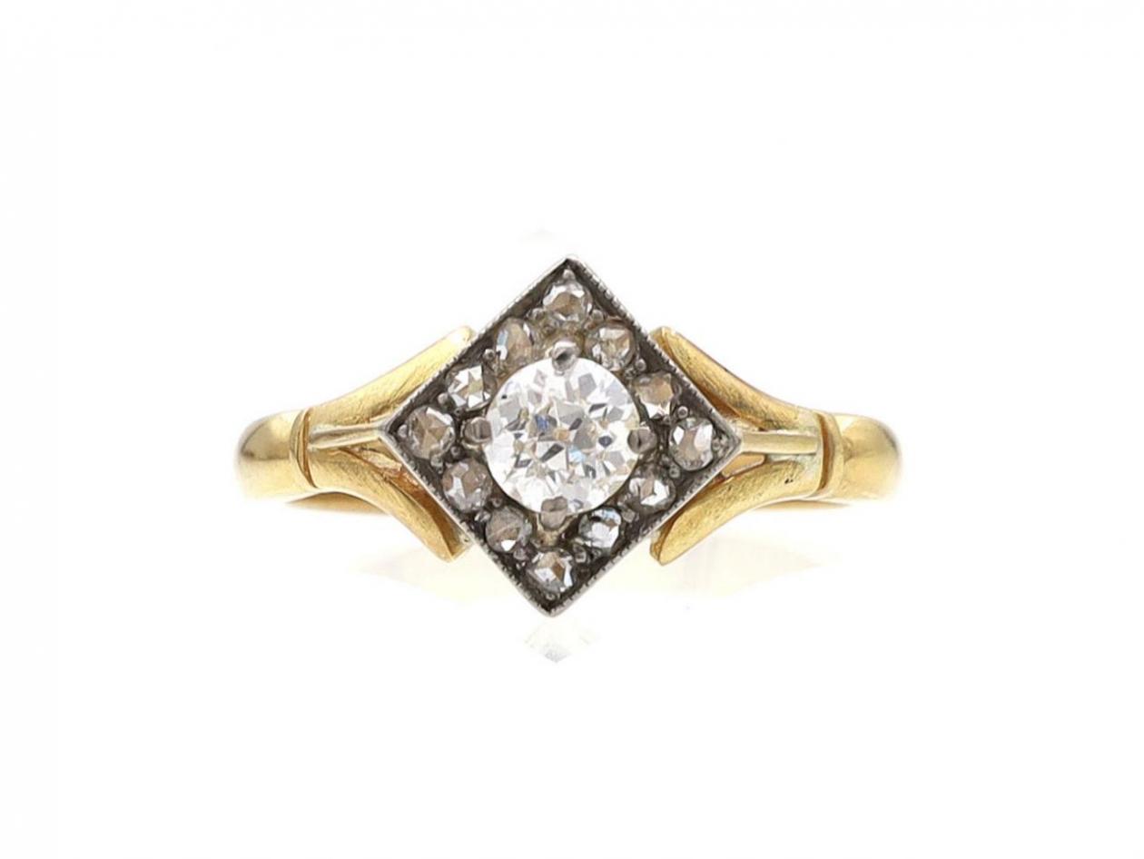 Antique biased square diamond cluster ring in 18kt yellow gold