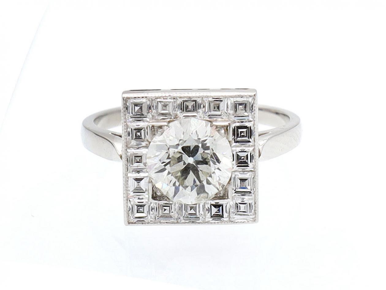 Vintage style diamond square cluster ring in platinum