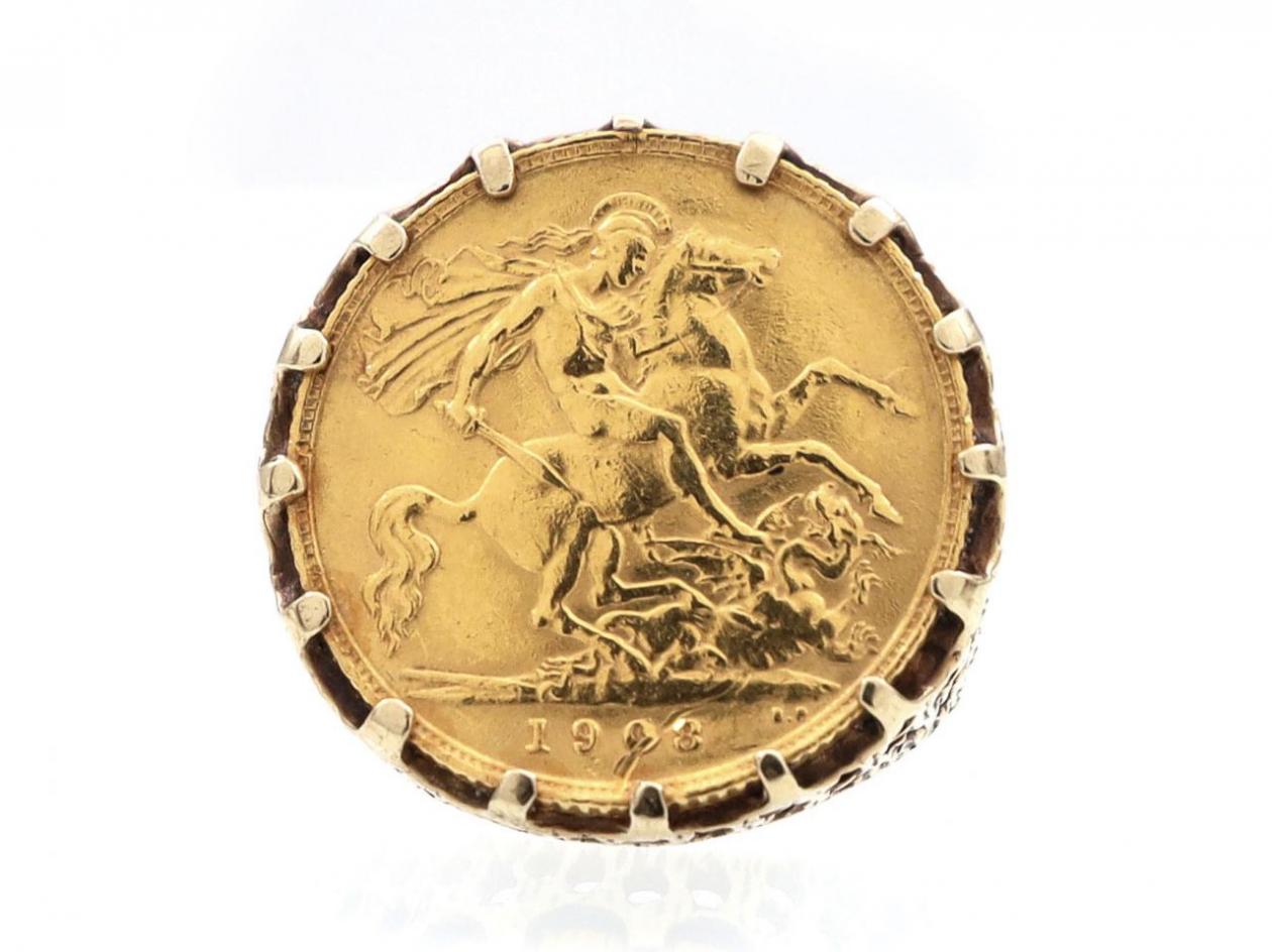 1908 half sovereign coin ring in 9kt yellow gold mount