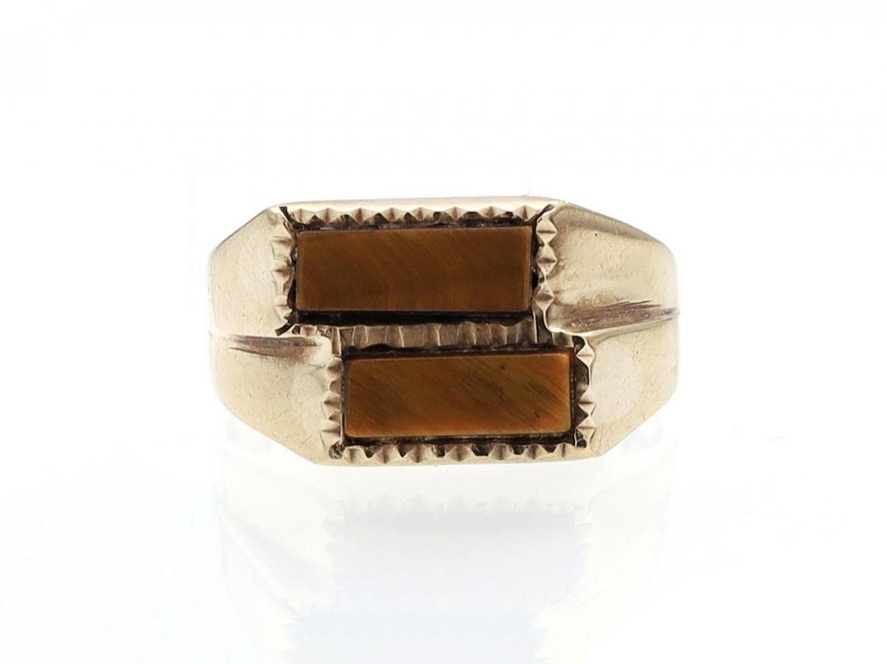 Vintage two stone tiger's eye signet ring in yellow gold
