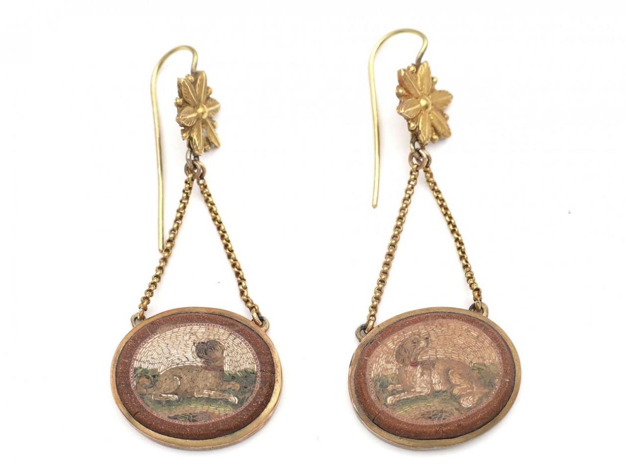 Antique micro mosaic dog drop earrings in yellow gold