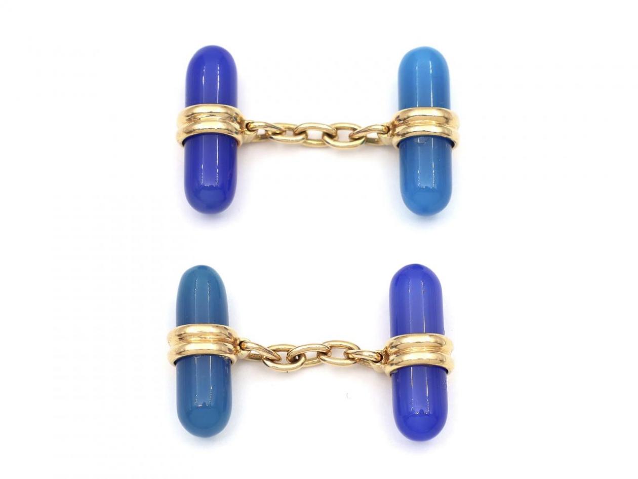 Vintage blue chalcedony baton cufflinks in gold