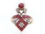 Antique synthetic ruby and diamond crossover cluster ring