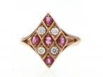 Antique lozenge shape crisscross ruby and diamond cluster ring