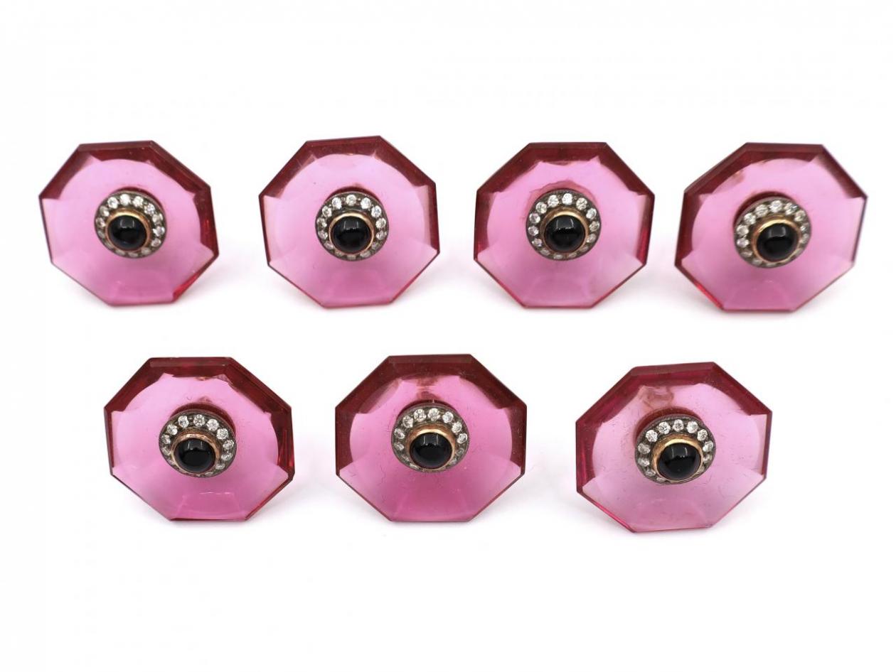 Art Deco set of seven sapphire, diamond and pink resin buttons