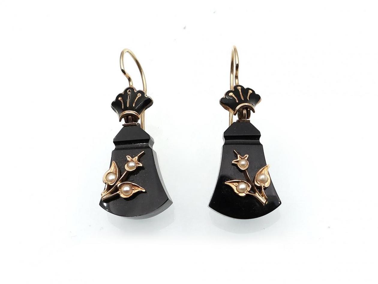 Victorian black onyx, enamel, pearl and yellow gold drop earrings