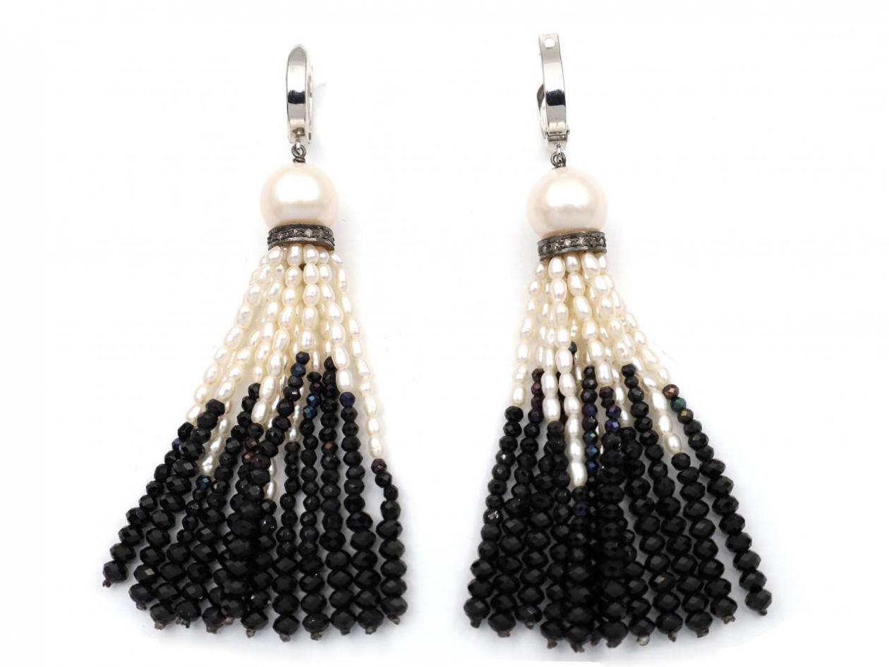 Vintage freshwater pearl, diamond and black spinel tassel earrings