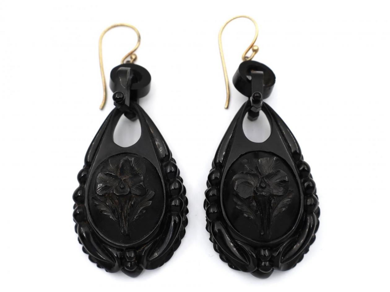 Victorian carved Whitby jet drop earrings