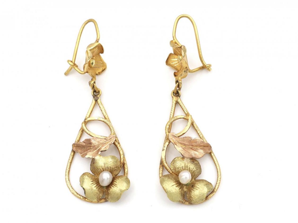 Art Nouveau yellow and rose gold floral drop earrings
