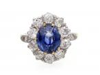Antique sapphire and diamond coronet cluster engagement ring