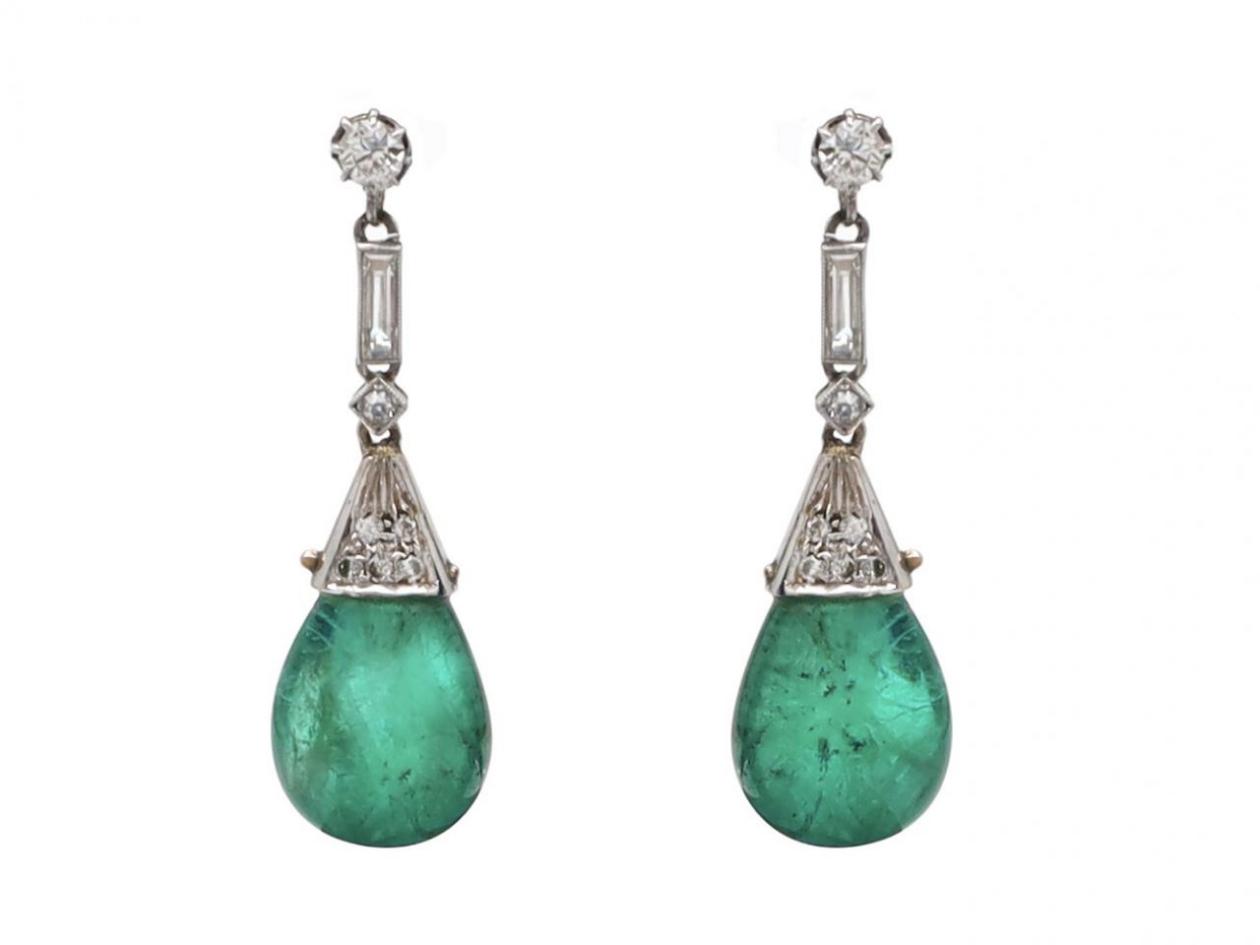 Vintage emerald cabochon and diamond drop earrings