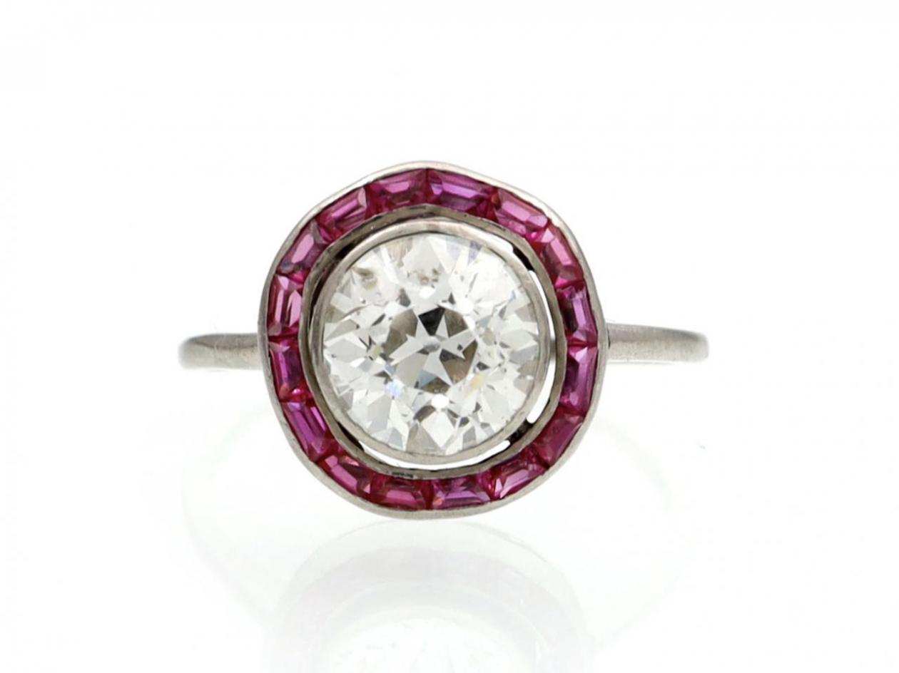 Art Deco 1.80ct Old European Cut Diamond & Ruby Target Ring