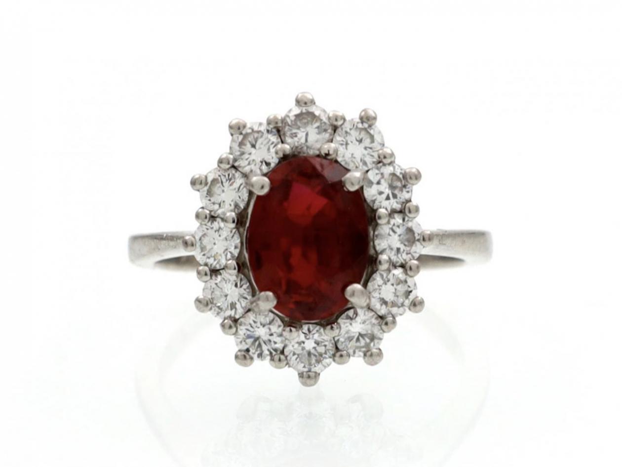 Ruby and diamond coronet cluster ring in platinum