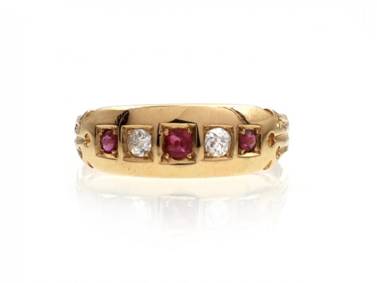 1882 ruby and diamond five stone ring in 18kt gold