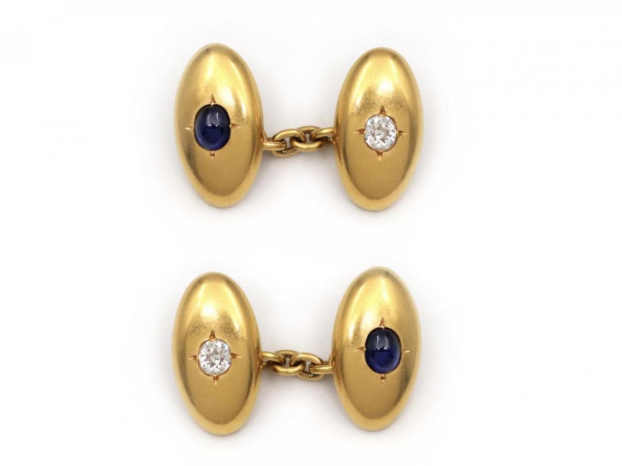Antique 18kt Yellow Gold Diamond & Sapphire Cufflinks