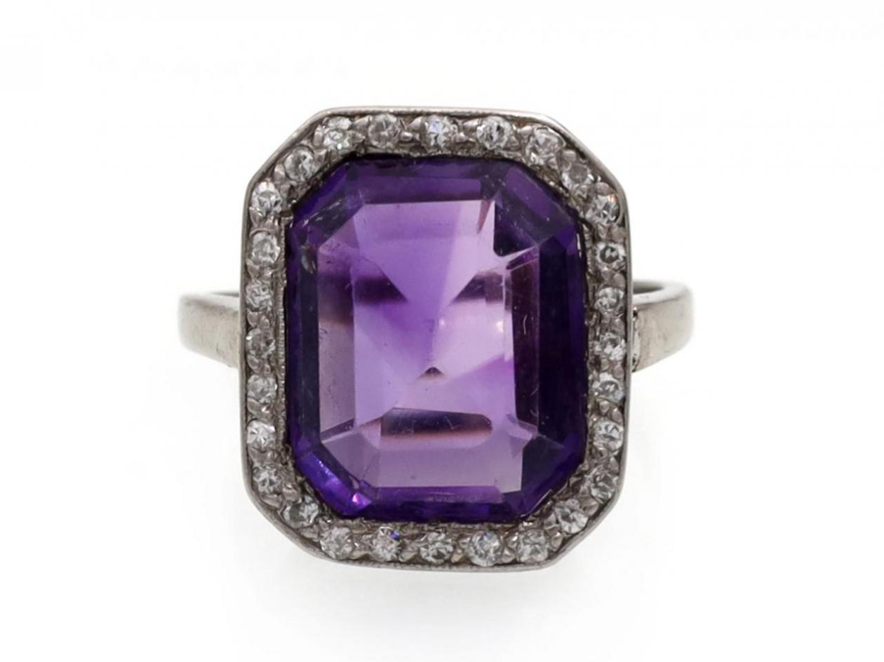 Art Deco amethyst and diamond rectangular cluster ring