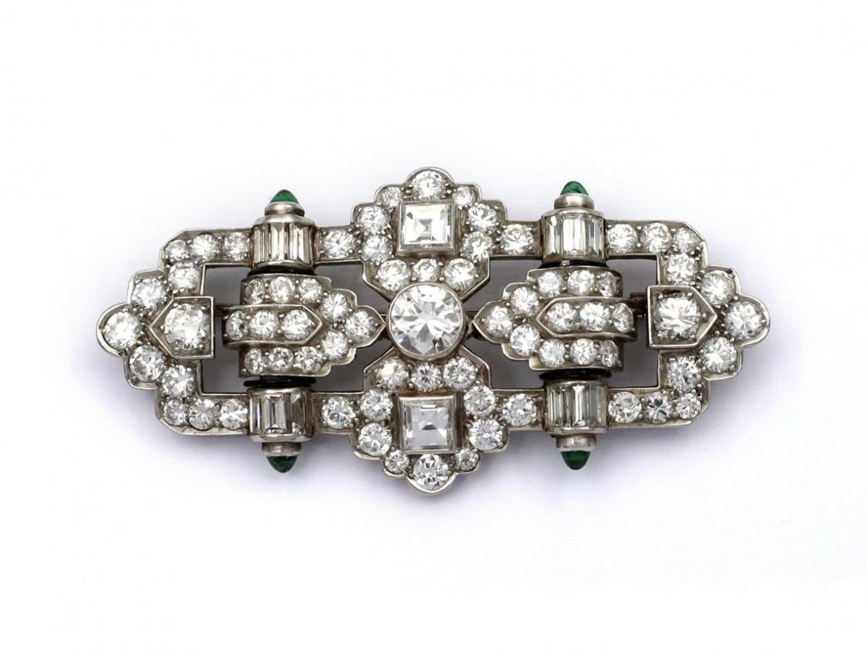 Art Deco openwork diamond and emerald plaque brooch