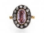 Early Victorian pink topaz and diamond oval cluster ring