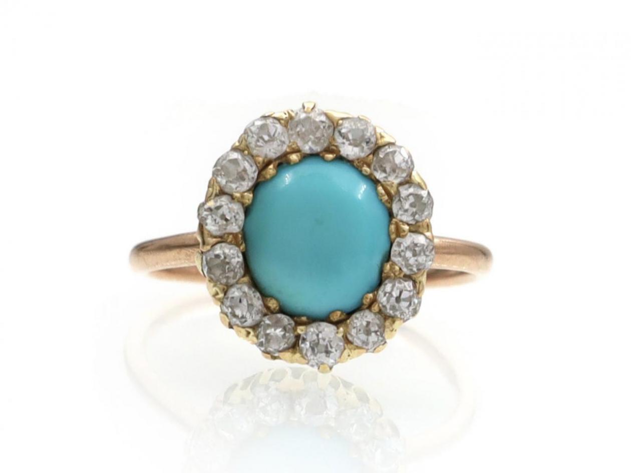 Victorian oval turquoise and diamond cluster ring