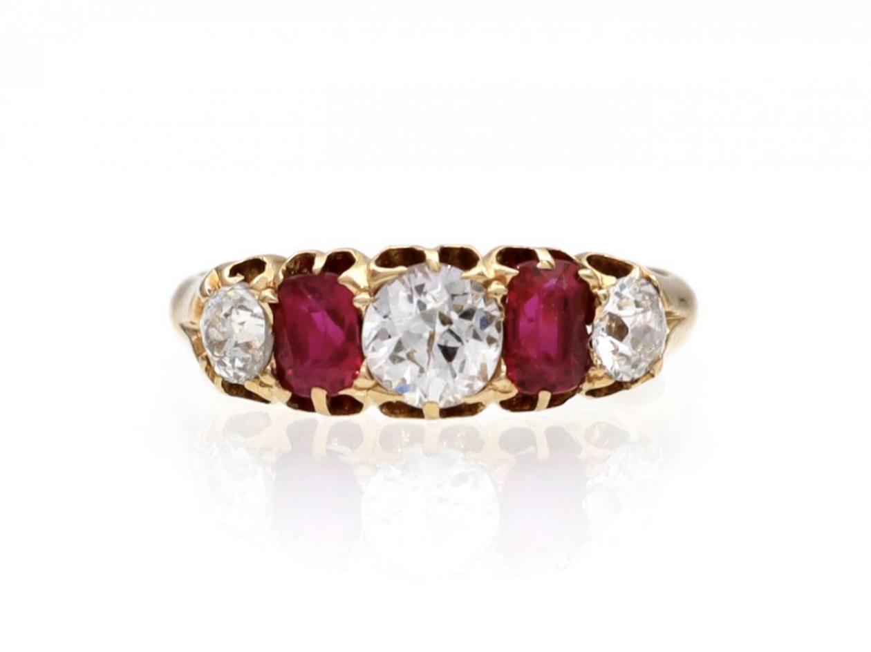 Victorian diamond and ruby five stone ring in 18kt gold