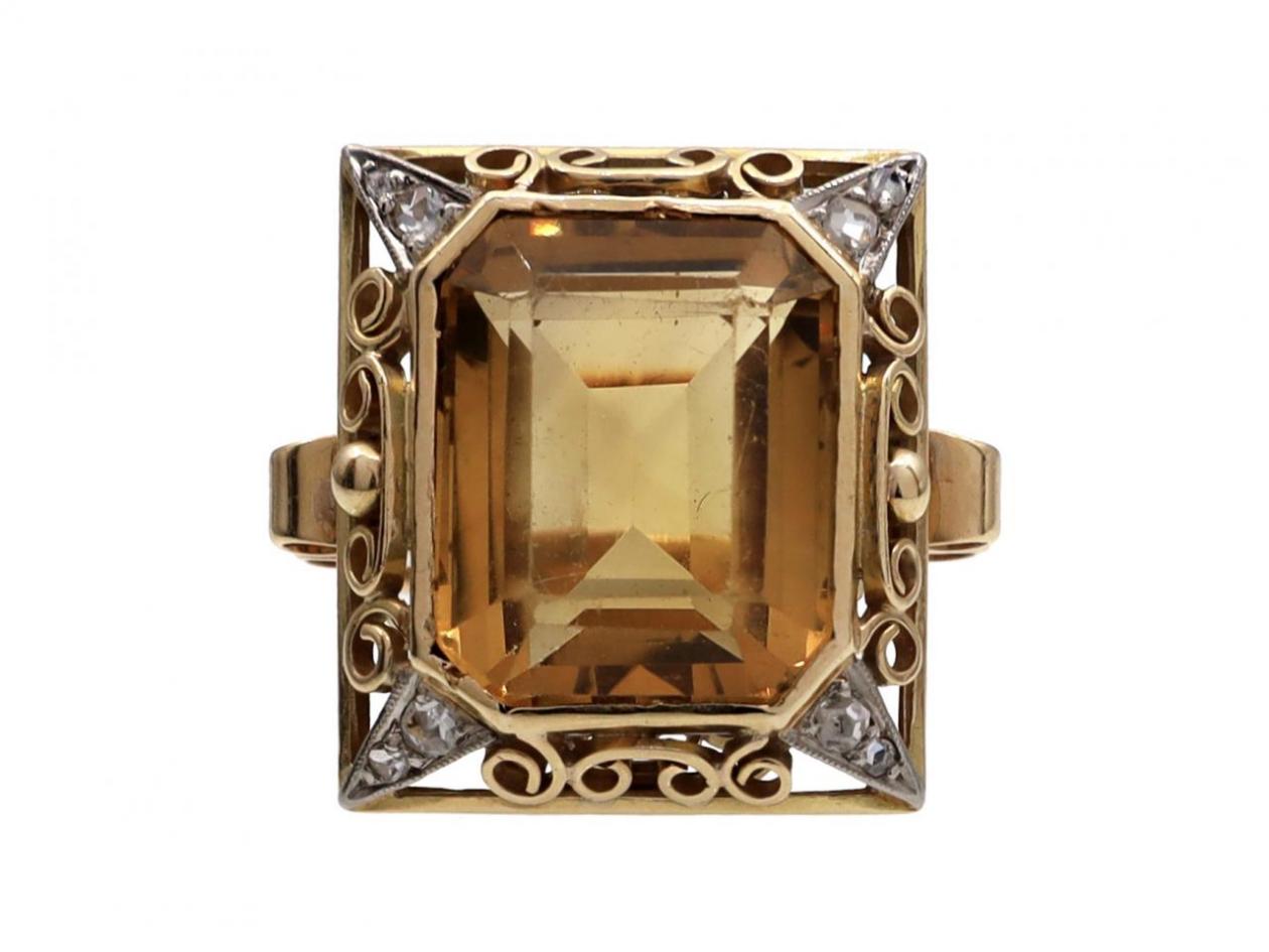 1960s Citrine & Diamond Cocktail Ring in 18kt Yellow Gold