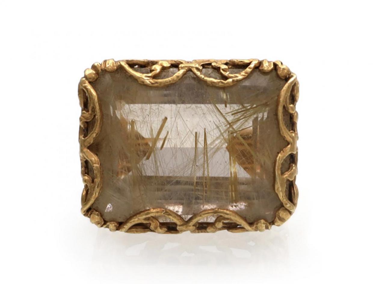1970s rutilated quartz cocktail ring in 14kt yellow gold