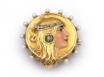 Art Nouveau goddess Fortuna circular disk brooch