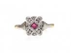 Art Deco ruby and diamond rectangular plaque ring in platinum and gold